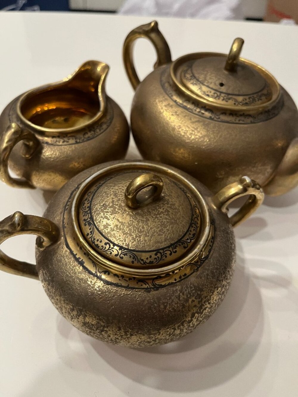 Vintage 3-Piece Japanese Encrusted Weeping Gold Porcelain Tea Set -